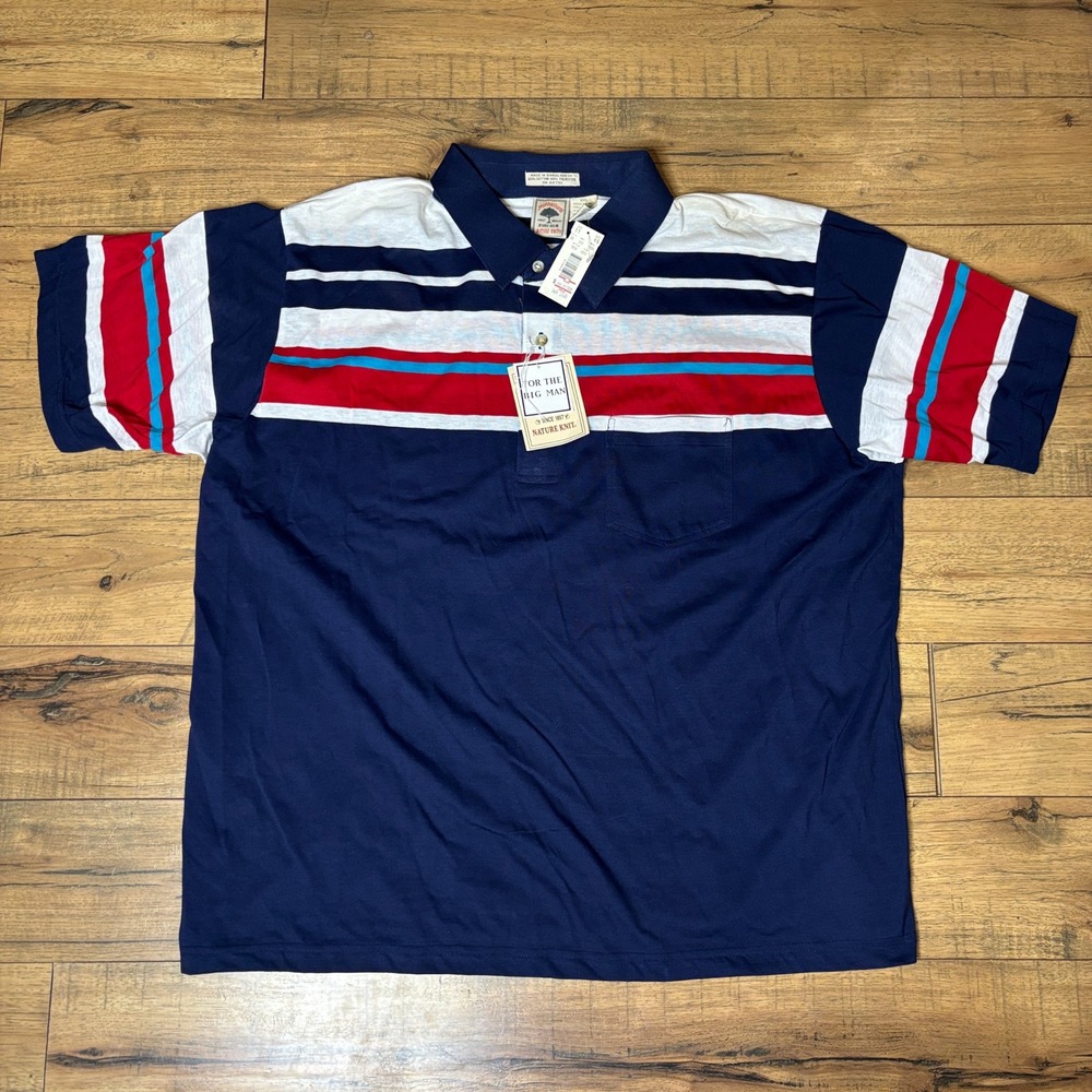 Manhattan Nature Knit Mens XXL Vintage Striped Polo Shirt Navy Red White NWT